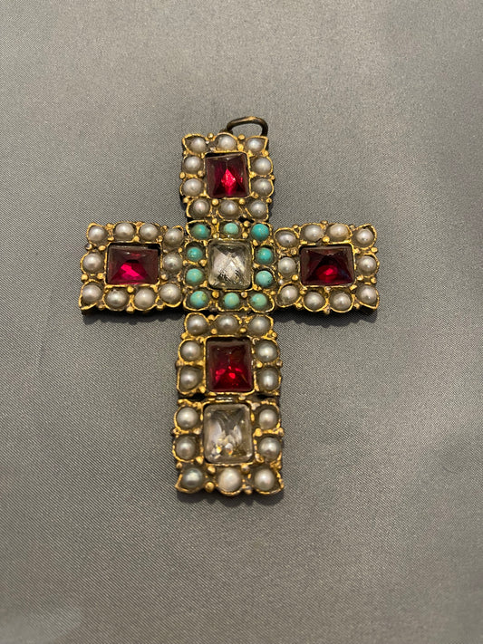 Antique Cross Decorated with Bronze Semi-Precious Stones - Handmade