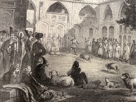 Antique Sketch - Constantinople Ram Fighting Persian Khan Istanbul 1866