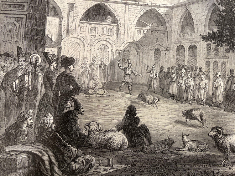 Antique Sketch - Constantinople Ram Fighting Persian Khan Istanbul 1866